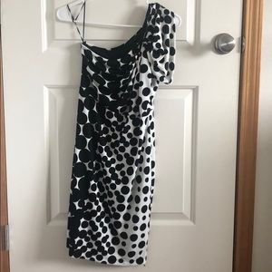 One shoulder black and white polka dot dress